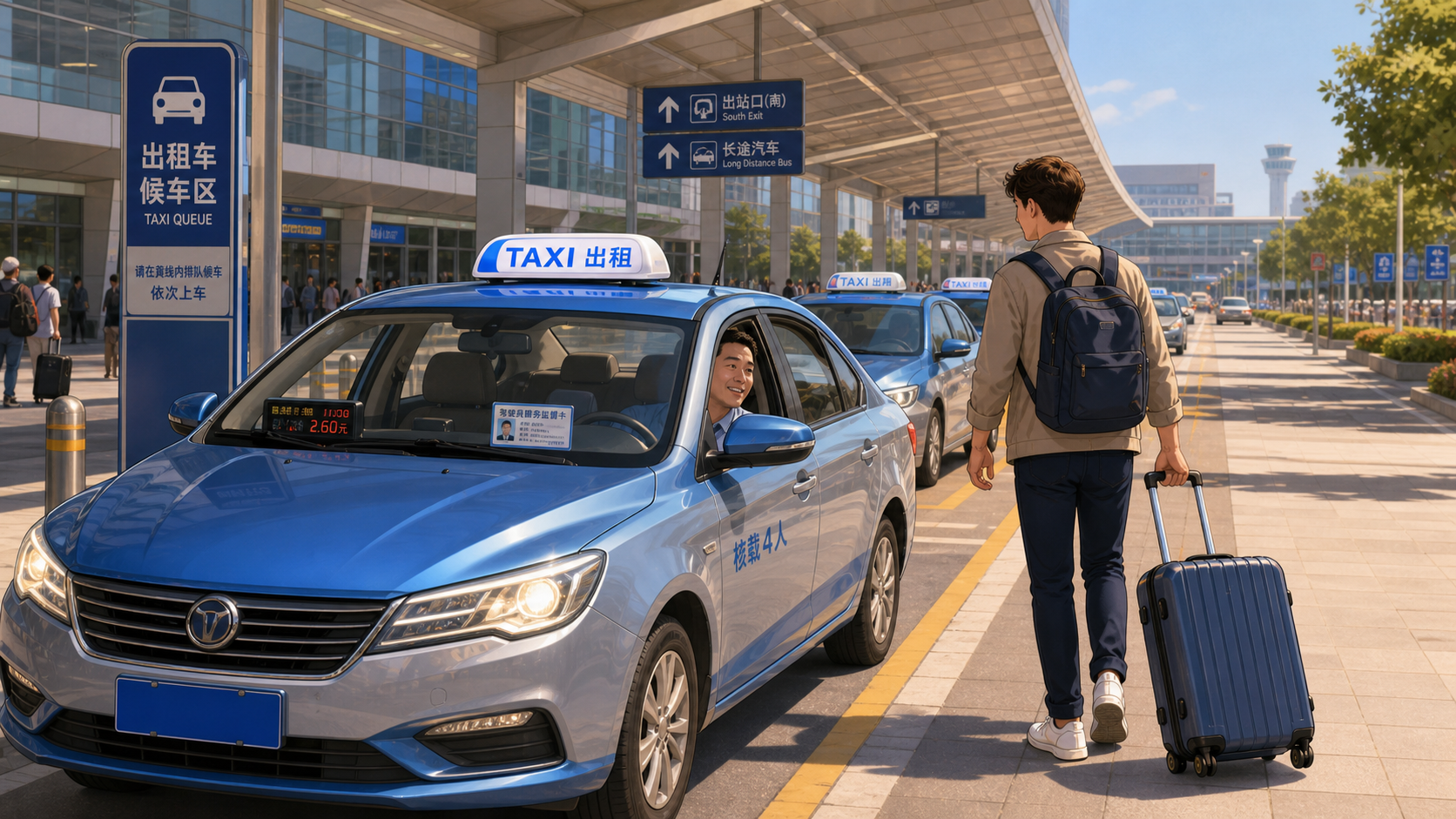 An official taxi queue at a Chinese airport or railway station, with a blue taxi roof sign, visible meter, and driver service card.