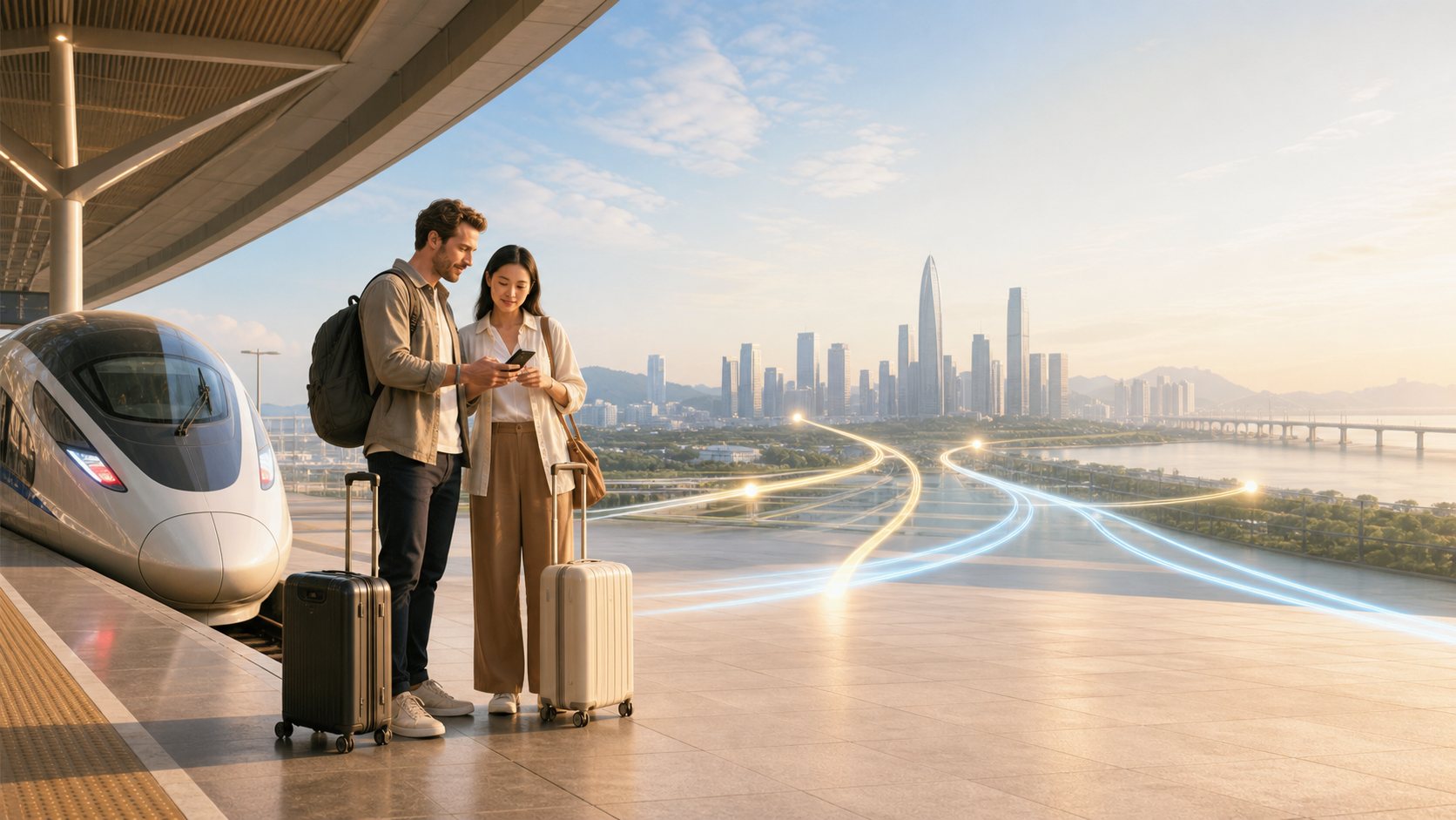 At a Shenzhen high-speed rail station, two travellers with luggage check a phone, with the city skyline and glowing route lines beyond.
