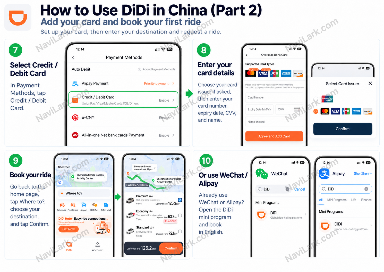 Adding a bank card, booking a DiDi ride and finding the WeChat and Alipay mini programs, illustrated in steps 7–10.